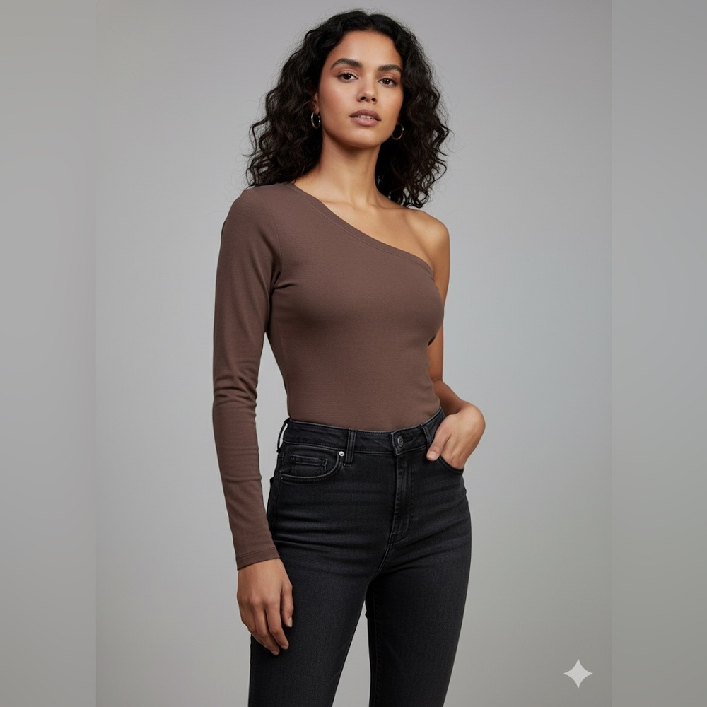 💖 CLYQUE Organic Cotton One-Shoulder Bodysuit - Brown, Made in LA, Size L 💖
